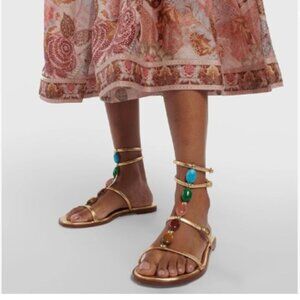 miss left Gold Jewelled T-Strap Flat Gladiator Sandals Open Toe Buckled Shoes
